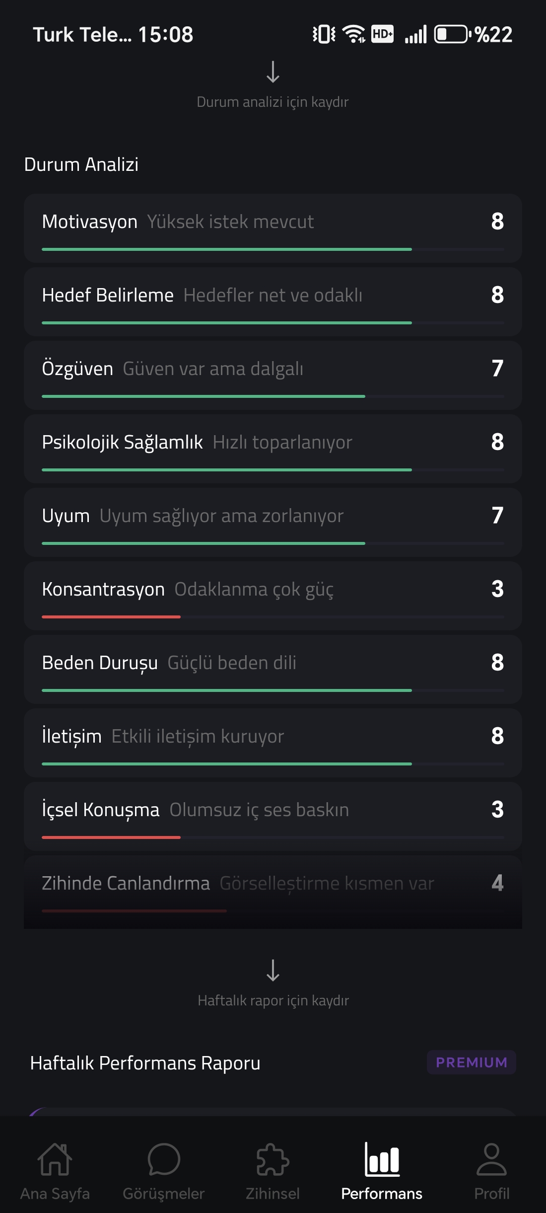 Durum analizi — 10 parametre puanları